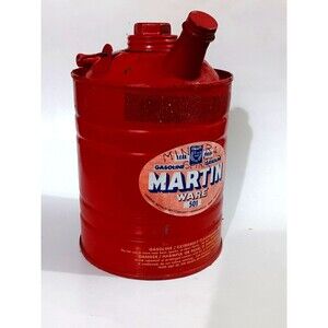 Vintage Metal Martin Ware Red Gas Can 501 with Label One Gallon Red Wood Handle